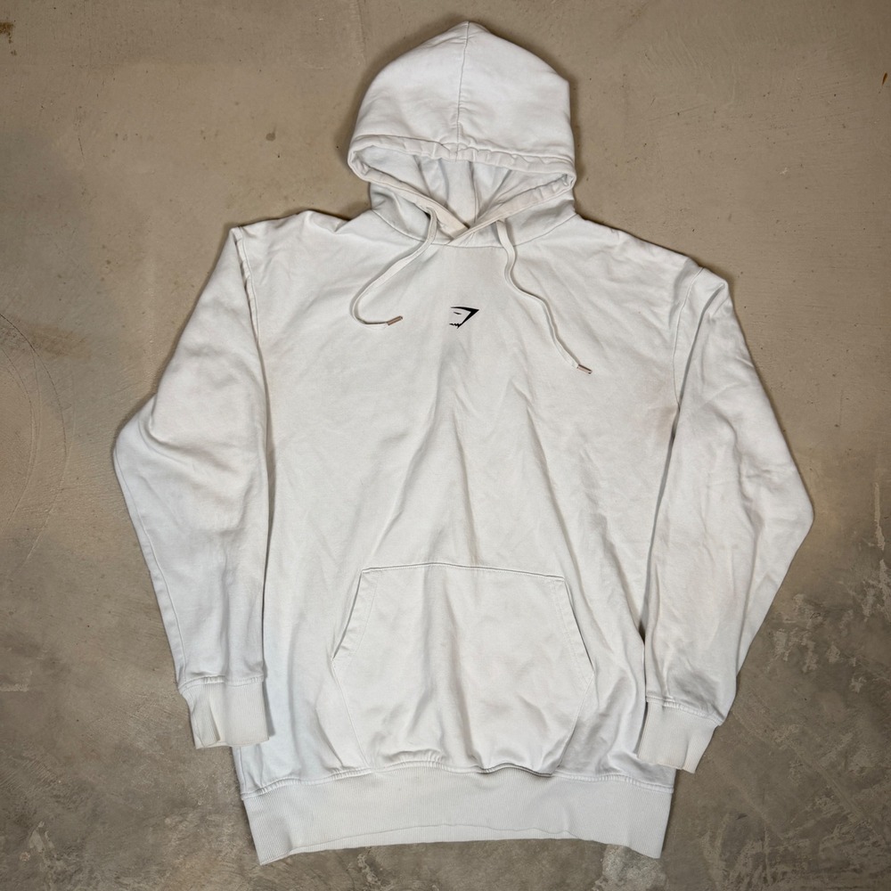 Gymshark Mens Crest Hoodie White Embroidered Logo Pullover GLPO4431-WH Size M